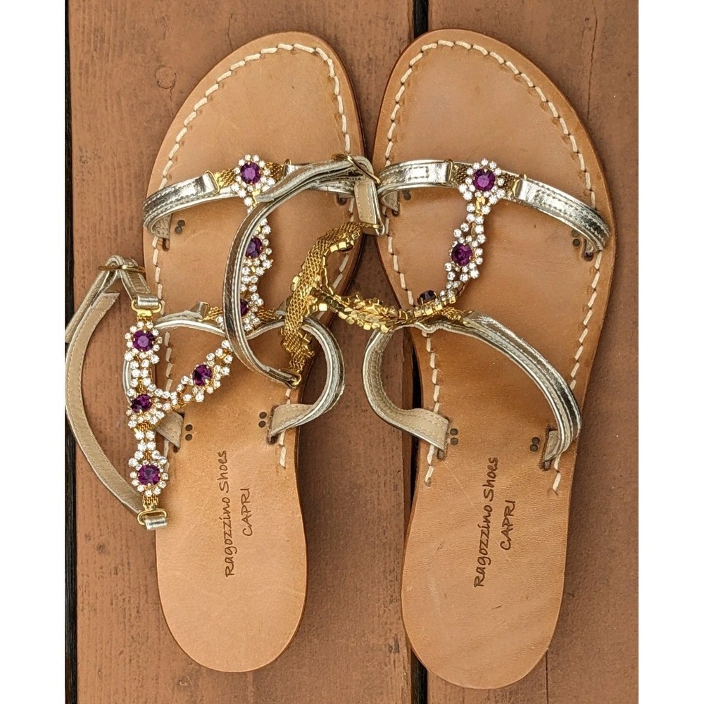 Ragozzino Shoes Capri Rhinestone Caged Heel Gold Leather Sandals Women 37 Italy - Picture 9 of 13